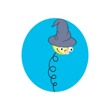 Funny yellow cartoon spring in a wizard s hat - with head, eyes and mouth on  Stock Illustration