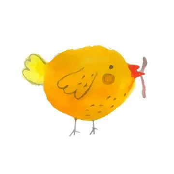 Funny yellow chicken with a worm in its beak. Stock Illustration