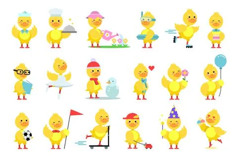 Funny Yellow Duckling Reading Book and Roller Skating Vector Set Stock Illustration