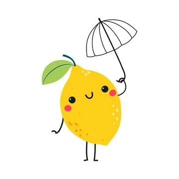 Funny Yellow Lemon Fruit Character with Umbrella Enjoying Vacation Vector Stockillustratie