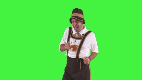 Funny young bavarian man dancing joyfully with beer at oktoberfest chroma key Stock Footage 281192335