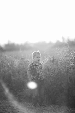 A funny young boy with eye misalignment, smiling and giggling in a sunset-l.. Stock Photos