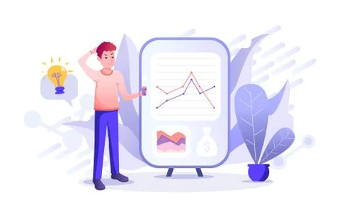 Funny young reddish man gets confused and trying to find the solution with th Stock Illustration