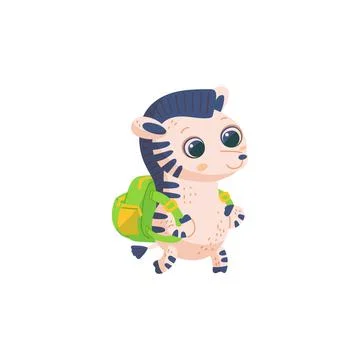 Funny zebra going to school with backpack, flat vector illustration isolated. イラスト素材