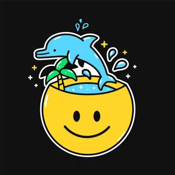Funnyhappy smile face with jump dolphin,palm,sea inside. Vector hand drawn Stock Illustration