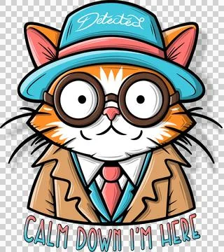 Funyy cat illustration in a hat and glasses with tie. Stock Illustration