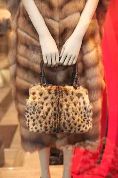 Fur coat and a bag made of natural lynx fur in the hands of a mannequin Stock Photos
