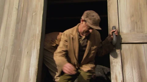 Fur traders loading pelts in cargo train, 1800s - Reenactment Stock Footage 202536204