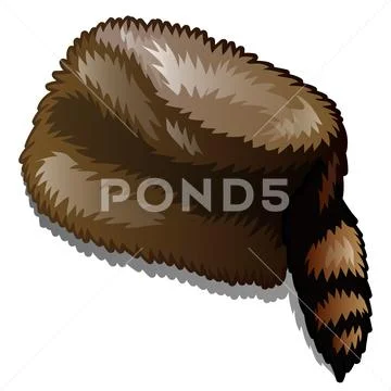 Fur winter hat with tail isolated on white background. Vector cartoon close-up Stock Illustration