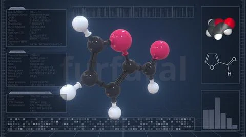 Furfural molecule with description on the computer screen, 3d rendering Stock-Illustration