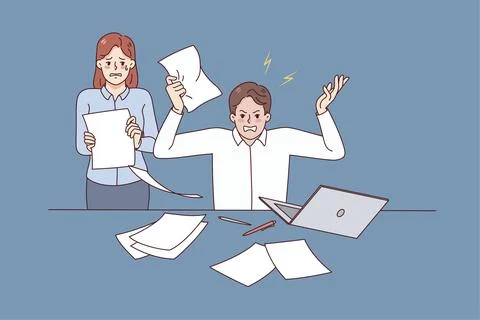 Furious boss yelling lecturing scared female secretary in office. Man Stock Illustration