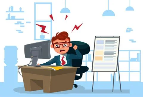 Furious Business Man Working On Computer Sit At Desk Over Office Background Stock Illustration