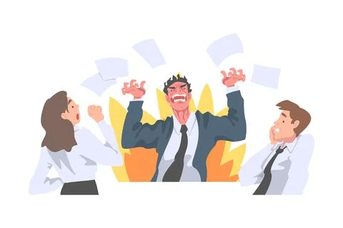 Furious Chief Screaming and Yelling in Anger at Scared Employee Vector Stock Illustration