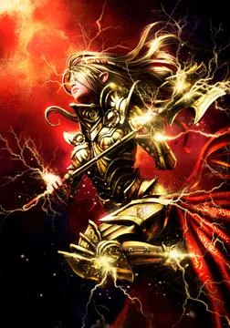 Furious elf sparkling lightning runs into battle with a hammer in her hands.  Illustration
