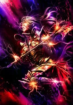 Furious elf sparkling lightning runs into battle with a hammer in her hands.  Illustration