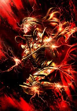 Furious elf sparkling lightning runs into battle with a hammer in her hands.  Illustration