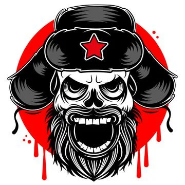 The furious, evil muzzle of a terrible Russian skull in an earflap hat with a Stock Illustration