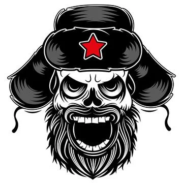 The furious, evil muzzle of a terrible Russian skull in an earflap hat with a Stock Illustration