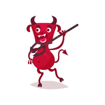 Furious funny devil with horns and tail running with trident, red demon cartoon Stock Illustration
