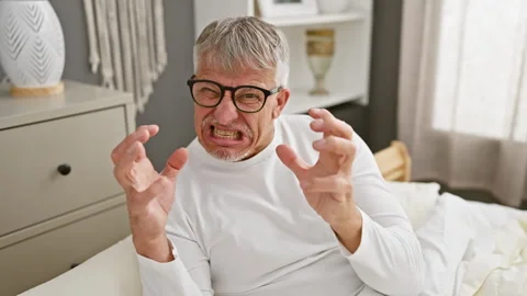 Furious grey-haired middle age man in pyjamas, hands mimicking strangling, .. Stock Footage 265542015