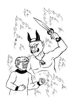 A furious man and a devil surrounded by flames Stock Illustration