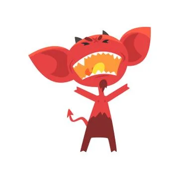Furious red devil with horns, big ears and tail. Fictional character from hell 스톡 일러스트