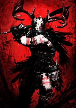 A furious Viking in a helmet in the shape of a deer skull runs into battle wi Illustrazione stock