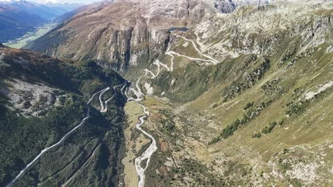 Furka Pass Road with View to Grimsel Pass in the Swiss Alps Stock-Footage 327973011