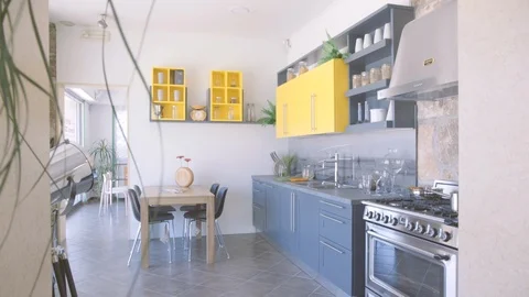 Furnished kitchen view through the flower Stock Footage 87745389