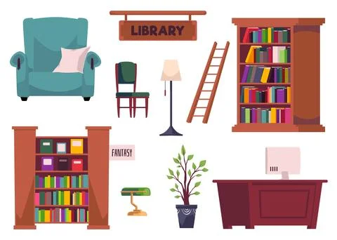 Furniture and interior elements set for library, vector illustration isolated. Stock Illustration