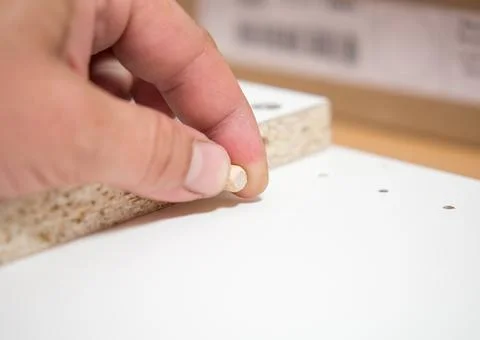 Furniture assembly concept. guy assembles wardrobe close up Stock Photos