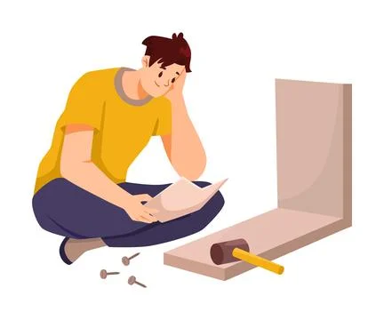 Furniture Assembly with Man Assembling and Fixing Wooden Item Sitting on Floor Stock Illustration