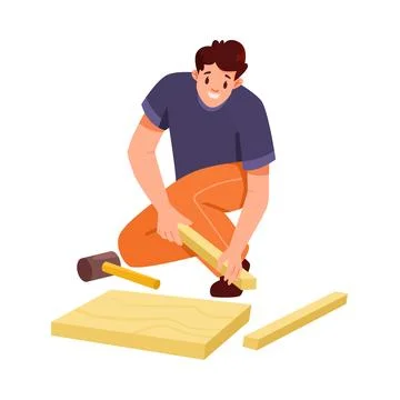 Furniture Assembly with Man Assembling and Fixing Wooden Item Vector Stock Illustration
