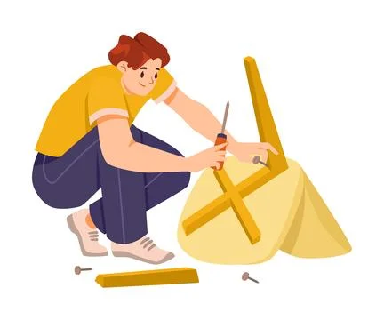 Furniture Assembly with Man Assembling and Fixing Wooden Item Vector Illustrazione stock