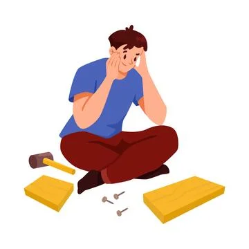 Furniture Assembly with Man Assembling and Fixing Wooden Item Sitting on Floor Stock Illustration