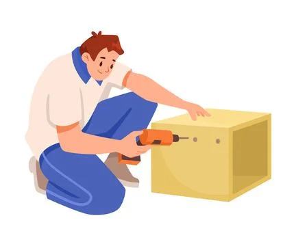 Furniture Assembly with Man Assembling and Fixing Wooden Item with Drill Vector 스톡 일러스트