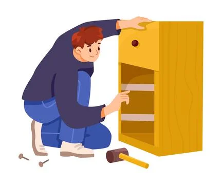 Furniture Assembly with Man Assembling and Fixing Wooden Cupboard Vector 스톡 일러스트
