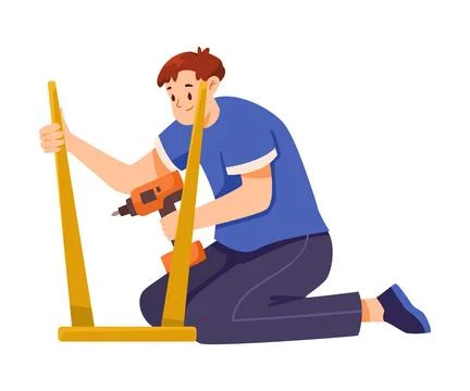 Furniture Assembly with Man Assembling and Fixing Wooden Chair with Drill Vector 스톡 일러스트