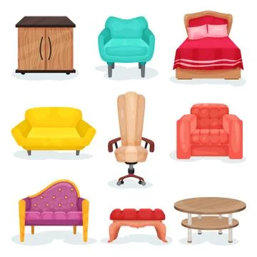 Furniture collection, interior design elements for office or home vector Stock Illustration