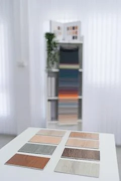 Furniture design material sample board color palette selection studio showr.. Stock Photos