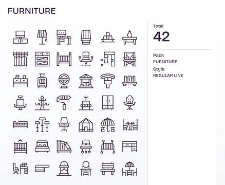 Furniture Digital Vector Pack containing 42 Grid Fitted Regular Line Retina.. Stock Illustration