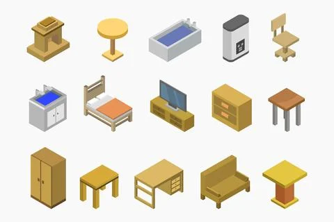 Furniture elements isometric illustrated on background Stock Illustration