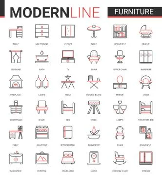 Furniture flat thin red black line icons vector illustration set, outline Stock Illustration