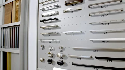 Furniture Handles and Knobs on Sample Board, Showroom Display, Close Up Video stock 341395667