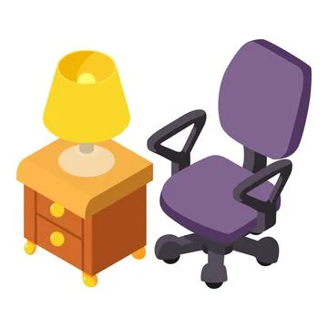 Furniture icon isometric vector. Bedside table with night light and office chair Stock Illustration
