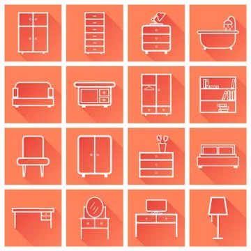 Furniture icons set. Flat vector illustration with long shadow on orange back Stock Illustration