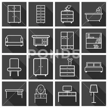 Furniture icons set. Flat vector illustration on black background