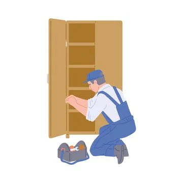 Furniture maker is assembling or repairs of wooden wardrobe a vector Stock Illustration