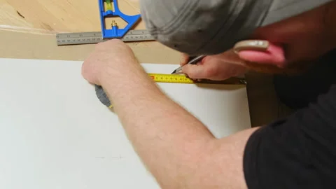 Furniture maker draws small lines on white board with pencil Stock-Footage 304402004