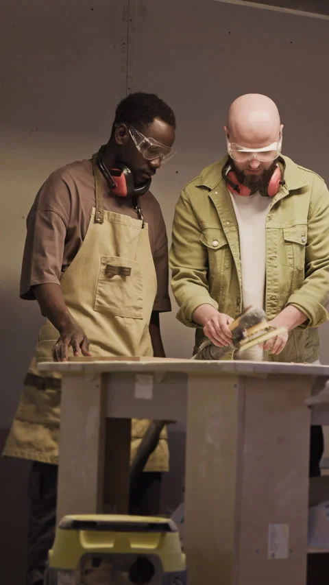 Furniture Maker Explaining Apprentice How to Use Electric Sander on Wood Stock-Footage 293310843